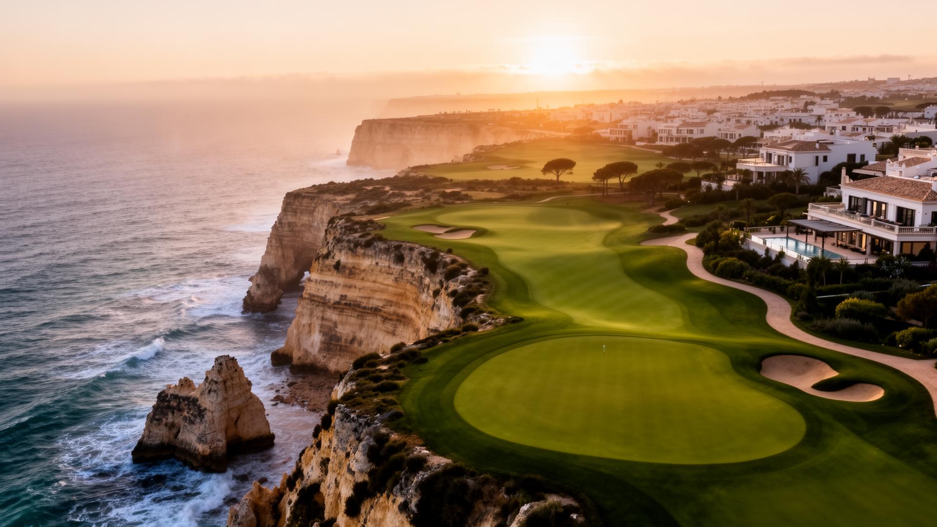 Cliffside golf course in the Algarve at sunset